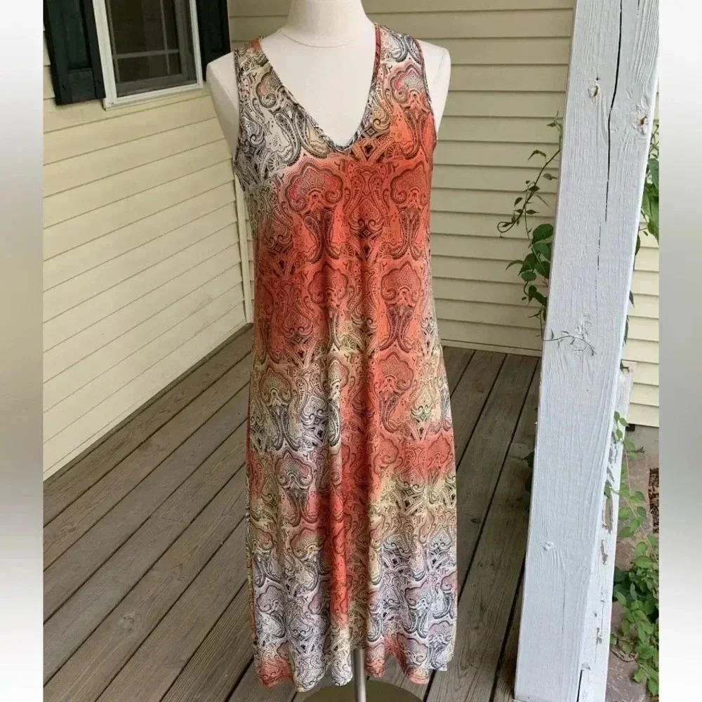 Mlle Gabrielle Midi Dress Women’s M Sleeveless Orange Paisley Slinky Whimsical